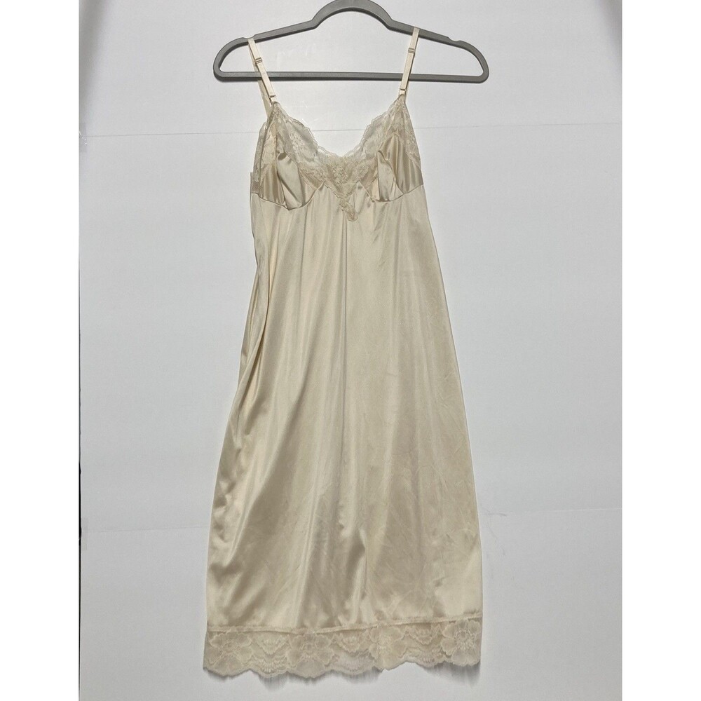 Vintage 70s Kayser Lingerie Slip Dress Cream Nylon Lace Trim Adjustable Straps